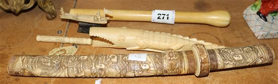 Japanese tanto ivory cane handle, crocodile and model boat(-)